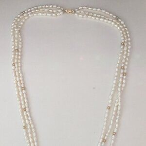 Vintage 14KT OCP Gold Beaded Clasp Triple Strand Freshwater Pearl Necklace